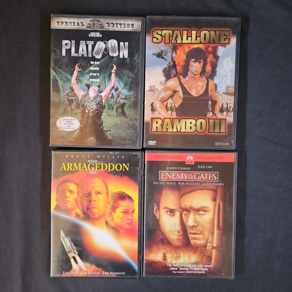 Action DVD's Platoon, Rambo III, Armageddon, Enemy of the Gates